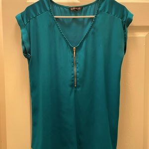 EXPRESS Dark Teal Shirt Sleeve Portofino Top with Front Zipper